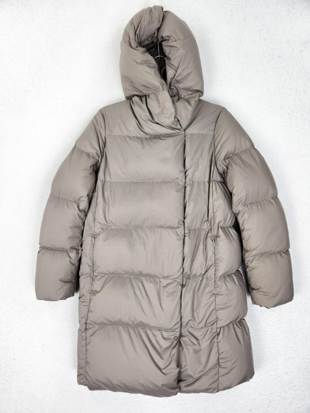 Babaton Coat Womens Small Gray Duvet Puffer Hooded Down Long Parka Snap Front